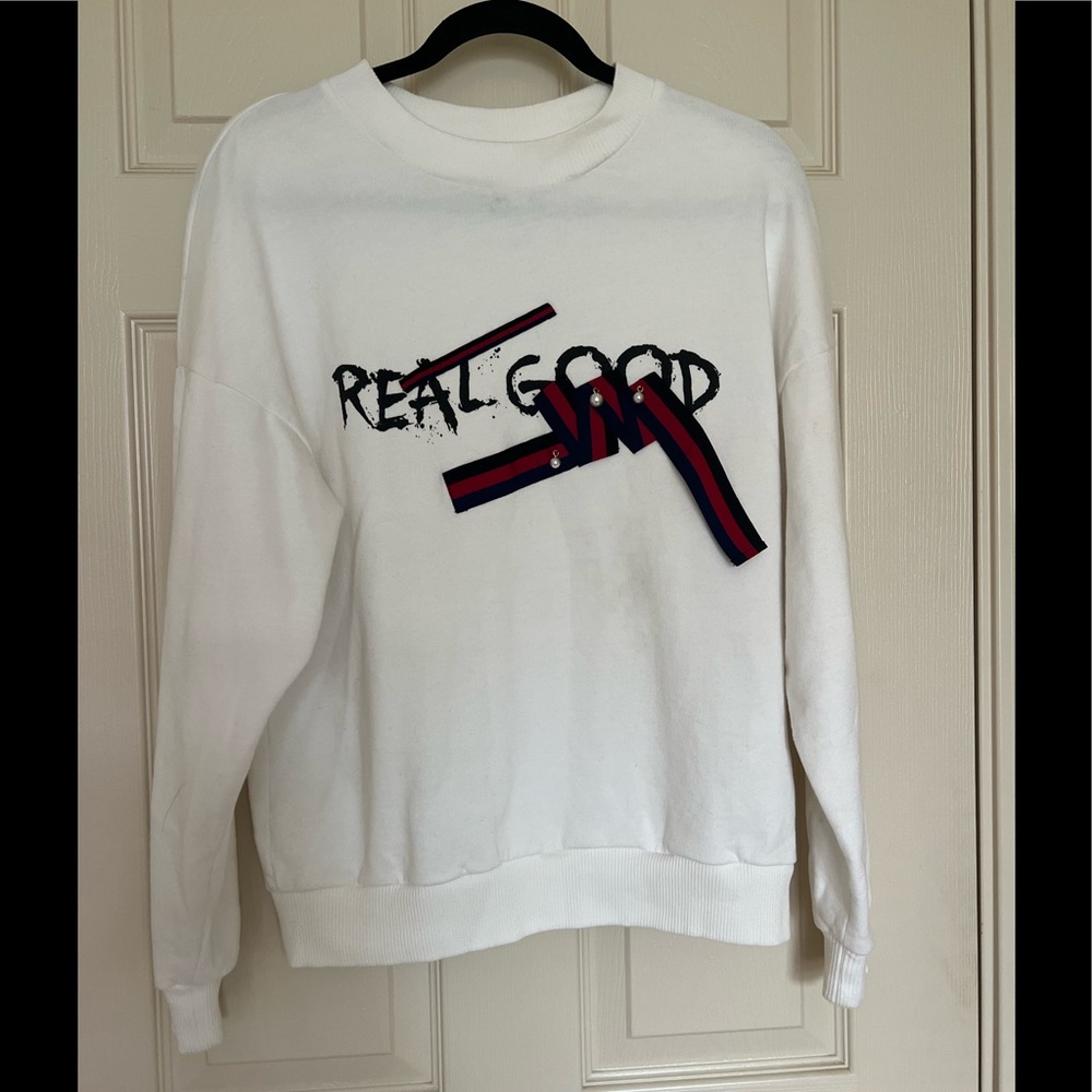 Mango Motif “Real Good” Sweatshirt, White, Size XS, Pre-owned